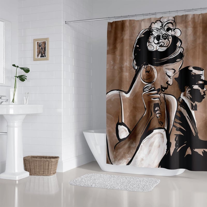 ZXMBF American Woman Jazz Shower Curtain African Black Girl Singing Jazzist Afrocentric Black Art Grunge Style Waterproof Fabric Bathroom Decor 72x72 Inch Brown Plastic Hooks 12 - Image 5